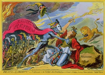 "Death or Liberty! or, Britannia and the Virtues of the Constitution in Danger of Violation from the Great Political Libertine, Radical Reform", udgivet af H. Humphrey, 1819 (farvet radering)